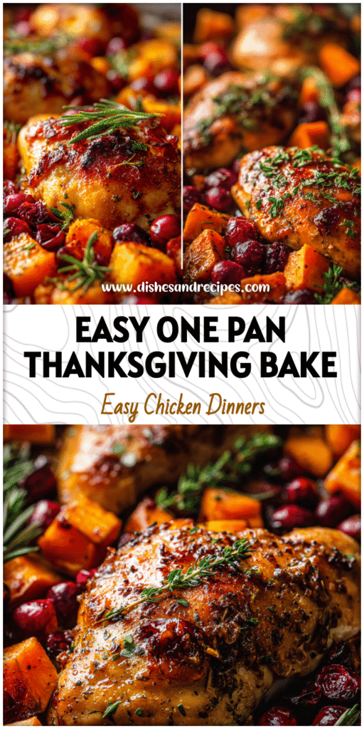 Golden roasted chicken baked with sweet potatoes, cranberries, and herbs on a Thanksgiving sheet pan dinner.